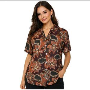 Amanda Smith 100% Silk Paisley Button Down Blouse PM Boho